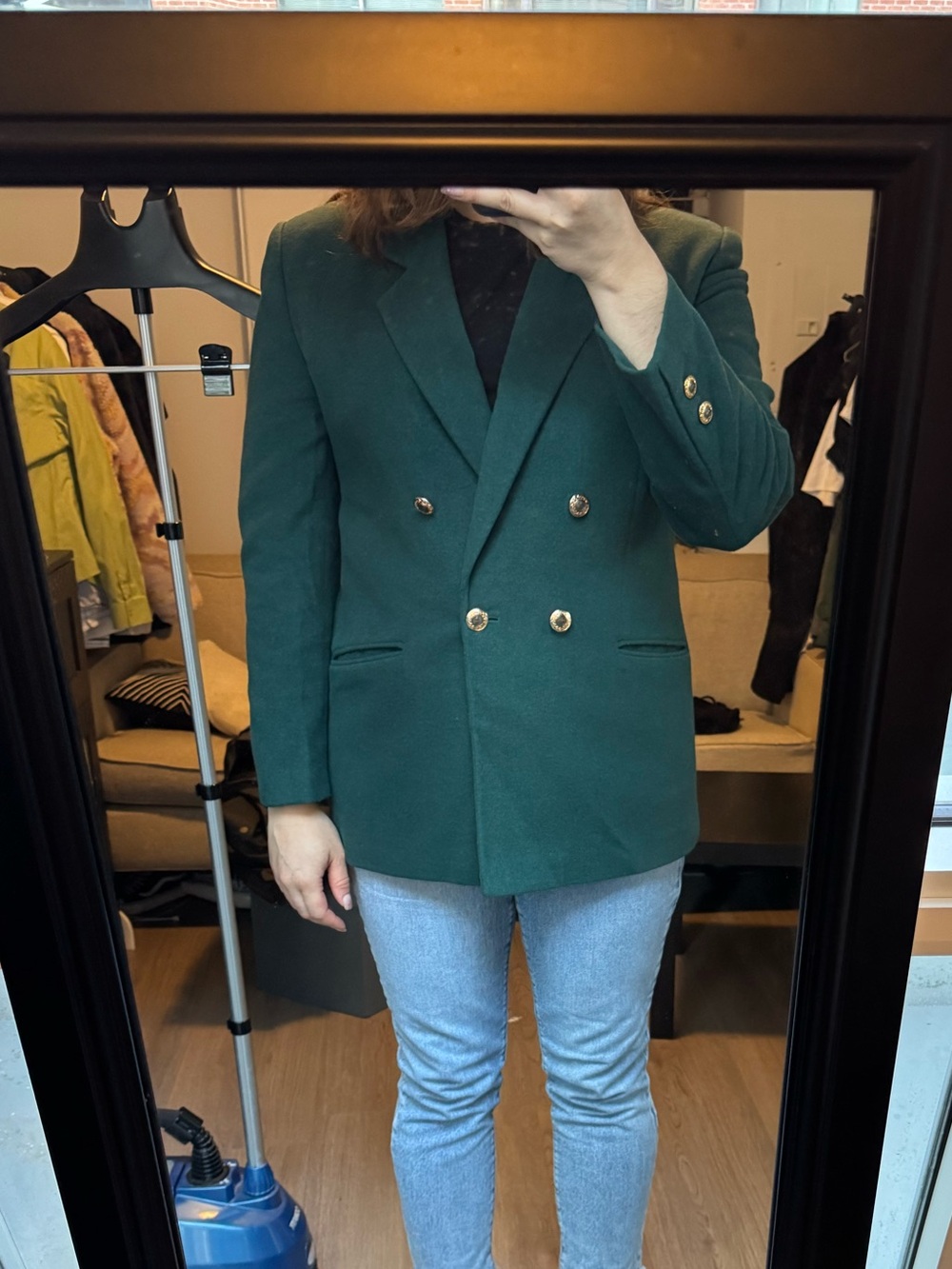 Vintage Emerald Green Wool & Angora Double Breasted Blazer - Medusa Buttons - M